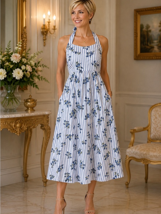Laura Ashley Dresses & Skirts - Laura Ashley Blue and White Floral Halter Midi Dress